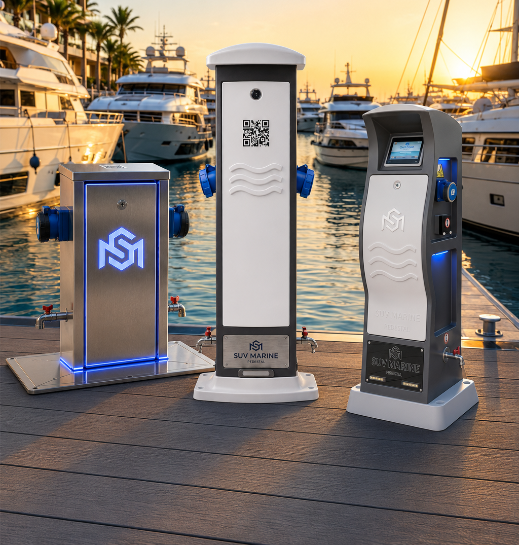 SUV Marine ürün ailesi: krom, HDPE ve dokunmatik ekranlı akıllı pedestaller marina rıhtımında
