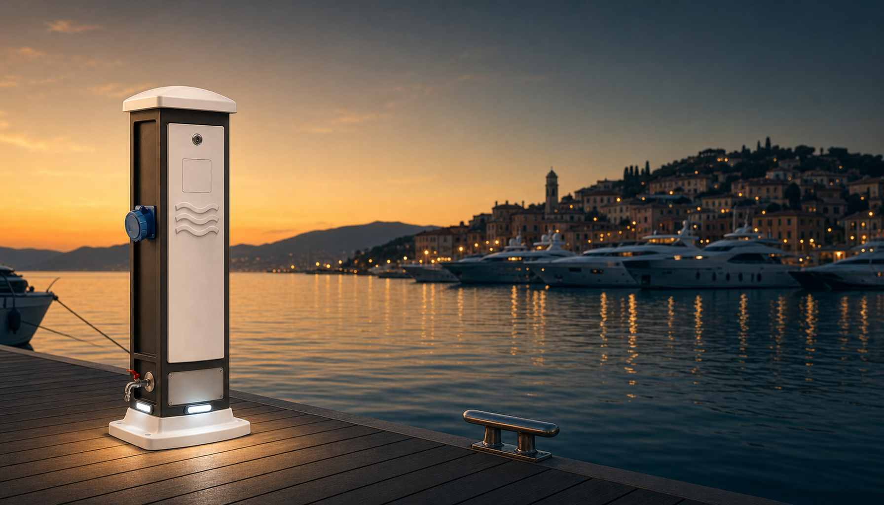 Gün batımında bir marina rıhtımında SUV Marine akıllı pedestal, arkada yatlar ve kıyı kasabası