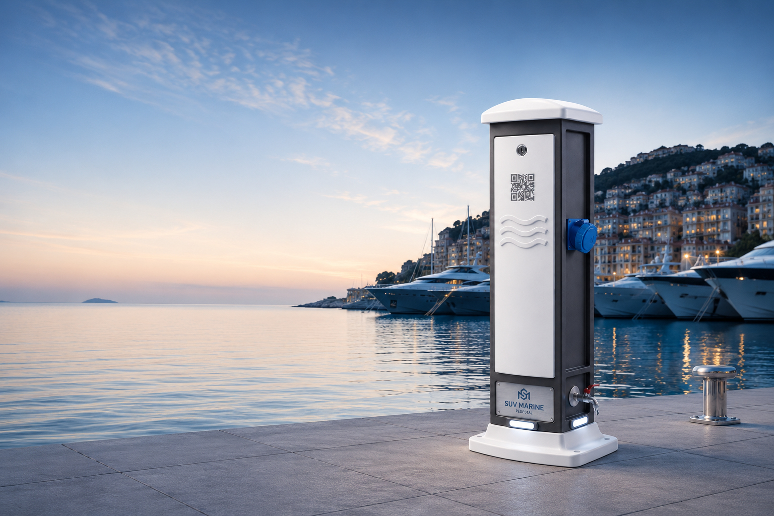 Suv Pedestal pedestal, gün batımında marina rıhtımında