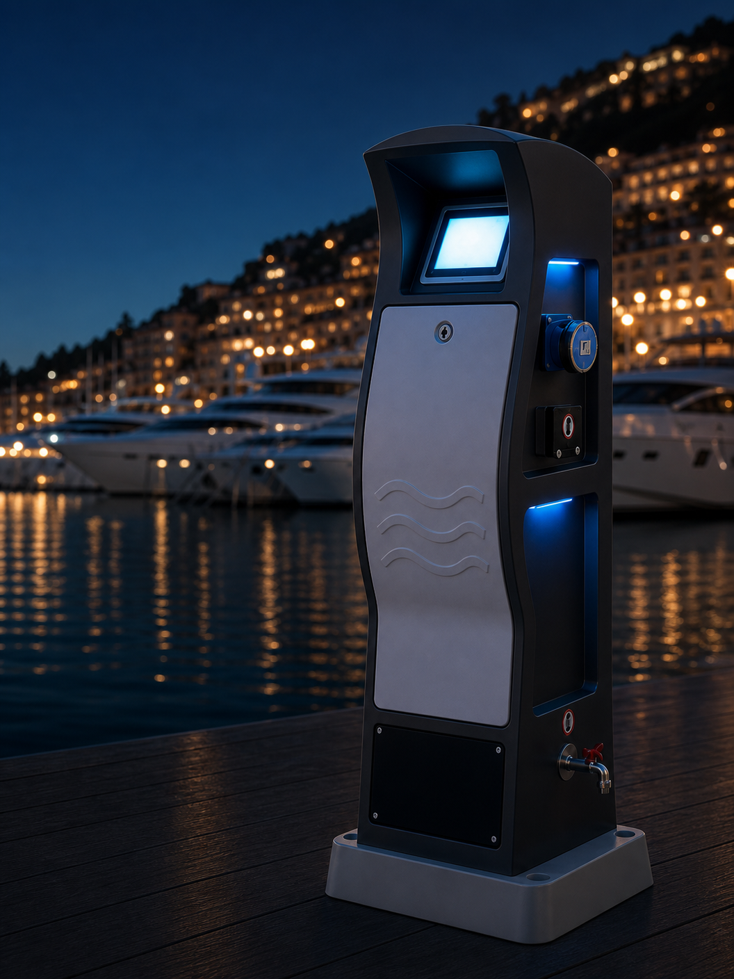 Mavi saatte bir marina rıhtımında, ekranı yanan SUV Marine dokunmatik pedestal