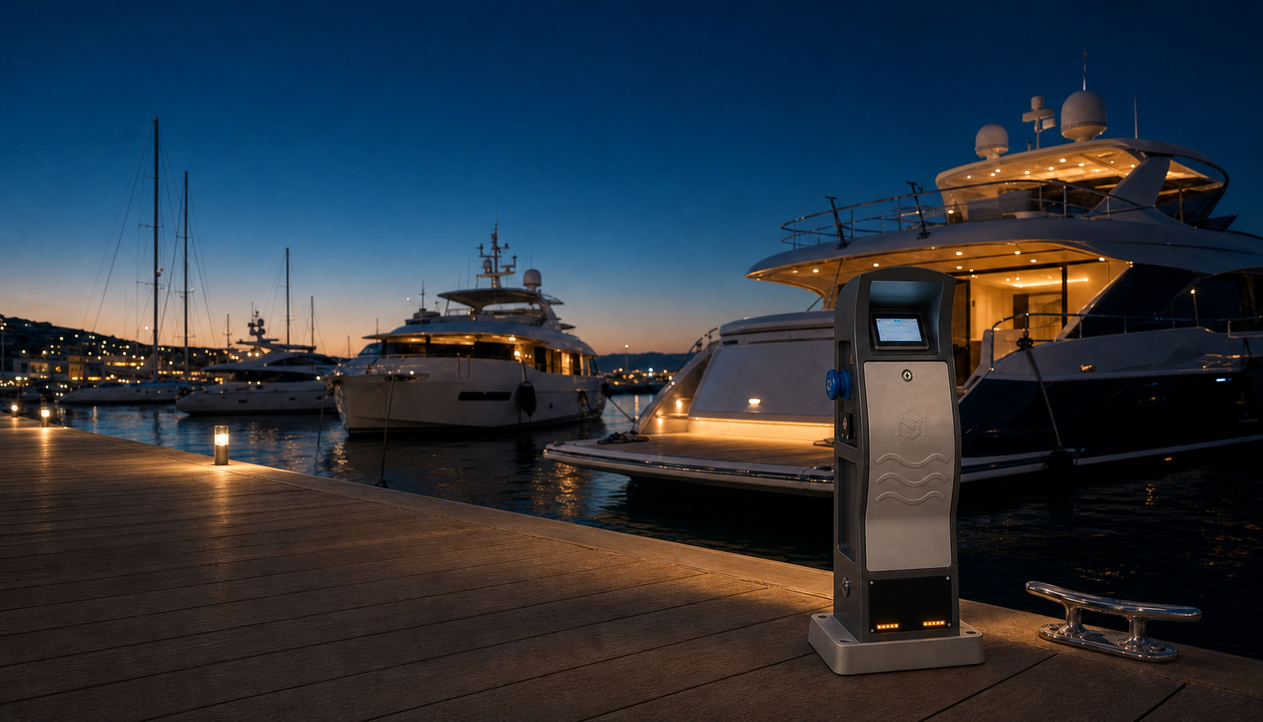 Alacakaranlıkta bir marina iskelesinin kenarında duran Suv Pedestal akıllı pedestal